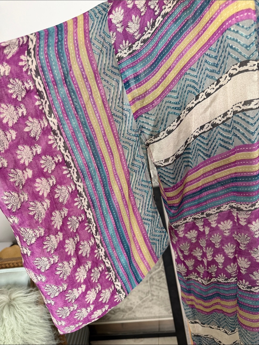 Mes Demoiselles Purple Teal Gold Striped Floral Scarf - Picture 6 of 9